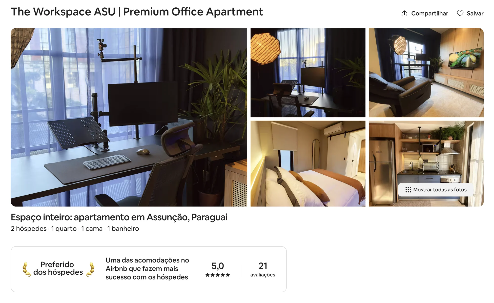 Anúncio da unidade fundadora no Airbnb: nota 5,0, Preferido dos Hóspedes e 21 avaliações